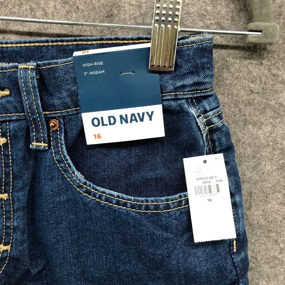 NWT Girls Size 16 High Rise Jean Shorts 3'' Inseam Blue Cutoff Frayed Button Fly